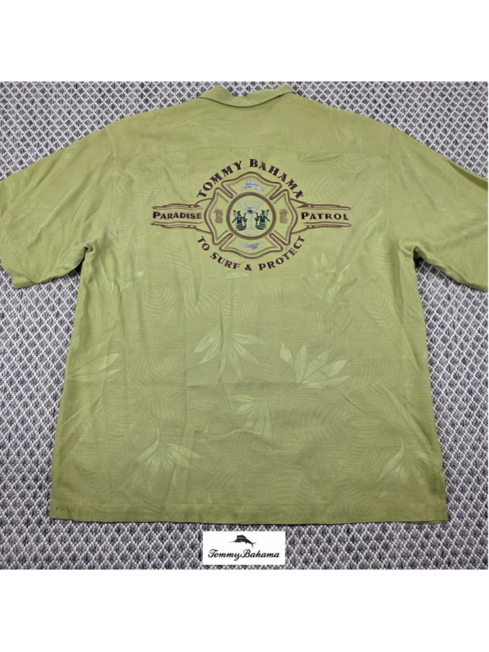 Tommy Bahama Paradise Patrol Silk Camp Shirt Green Embroidered Mens L Hawaiian
